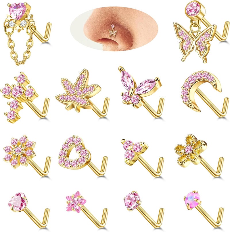 Drperfect Gold Silver Nose Rings Nose Studs for Women Nose Piercings 20G L Shaped Corkscrew Dangle Nose Rings Studs Simulated Diamond Pink CZ Opal Dangling Dangly Hanging Nose Piercing Jewelry with Heart Star Butterfly Flower Cross Moon Charm Cute Dainty Nose Jewelry - Image 1